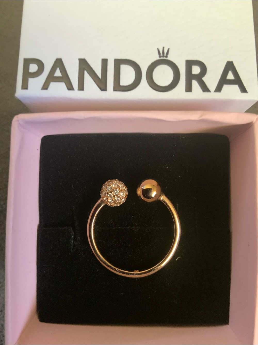 Pandora Rose Gold Tone Pavé Ball and Polished Sphere Ring - Pink Accents